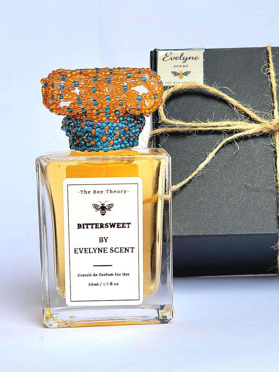 Evelyne Scent Bittersweet 50ml Ethanol-free, alcohol-free, extrait de parfum non-greasy sprayable oil perfume with beaded cap with black packaging box jute twine bow