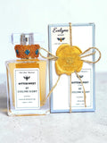 Evelyne Scent 50ml Ethanol-free, alcohol-free, eau de parfum non-greasy sprayable oil perfume with beaded cap and black box packaging with white box, wax seal and jute twine bow